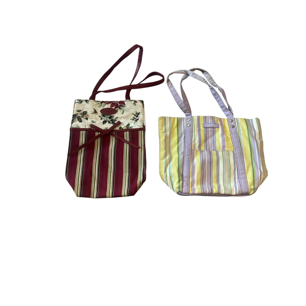 Longaberger Fabric Tote Bag Set Holiday Floral Poinsettia and Pastel Stripes‎
